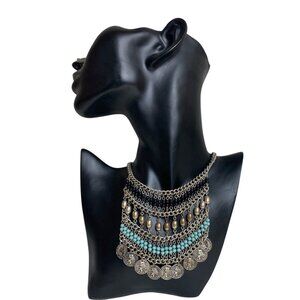 Vtg Bib Necklace Mesh Chainmail Silver Tone Adj 15-20” Faux Turquoise Roman Coin